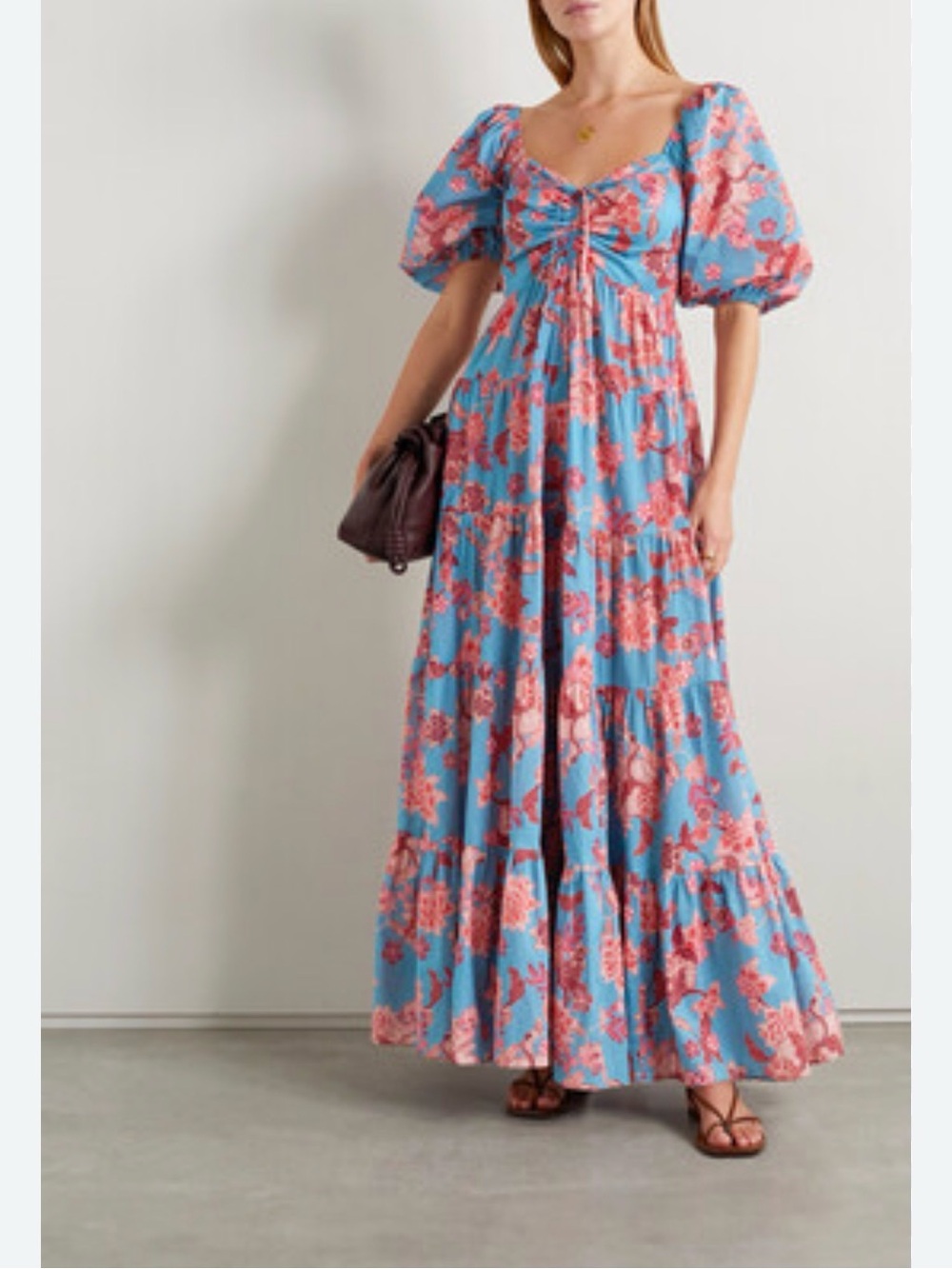 Cara Cara Blue Maxi Dress with Red Floral Print